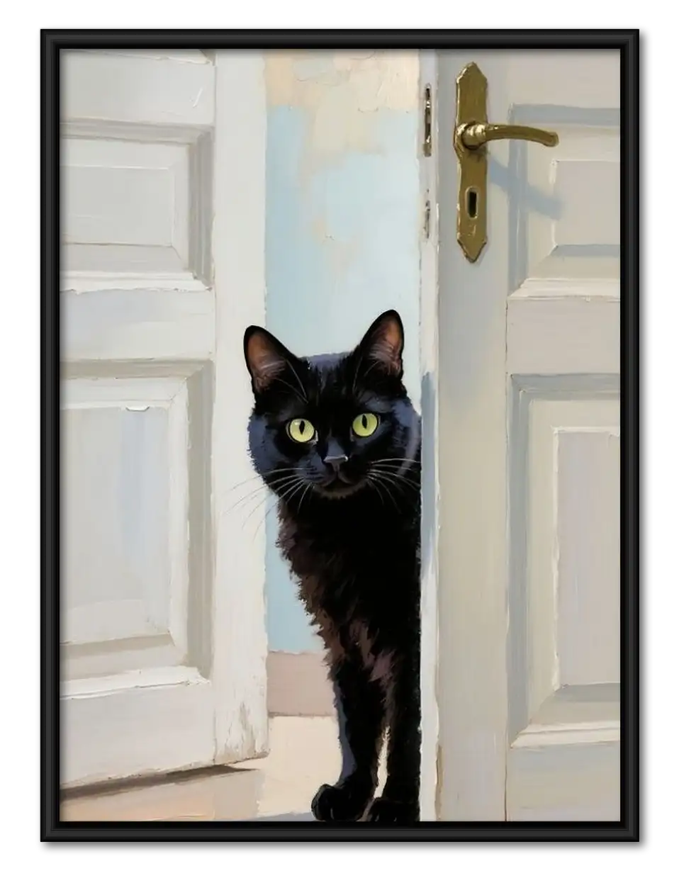 Curious Black Cat at White Door Wall Art 1