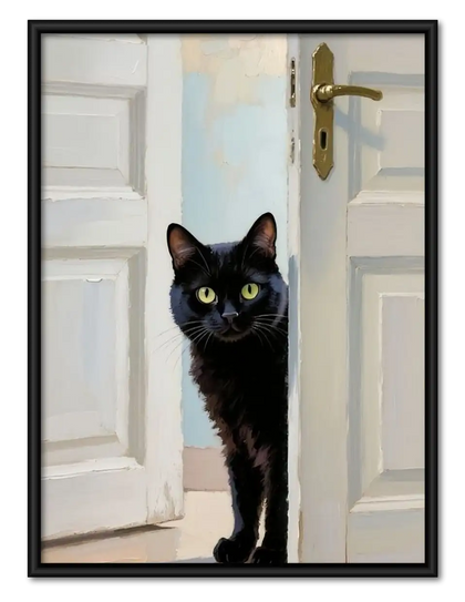Curious Black Cat at White Door Wall Art