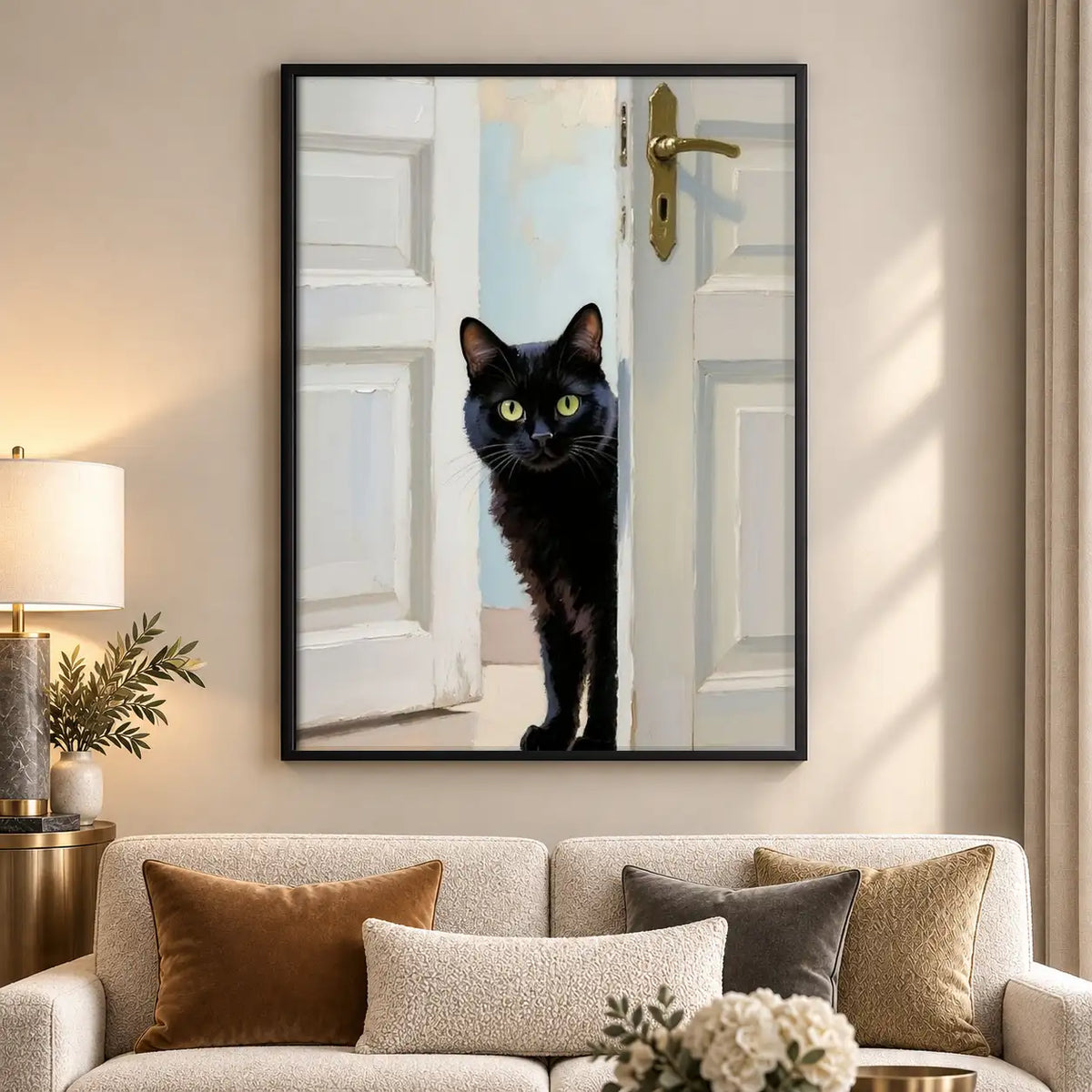 Curious Black Cat at White Door Wall Art 5