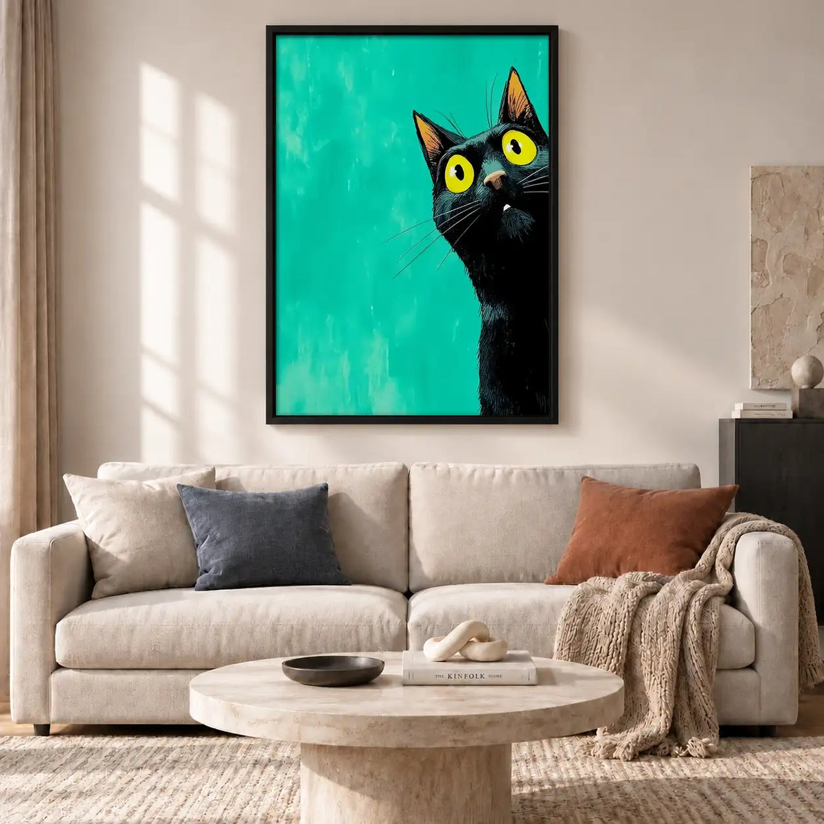 Curious Black Cat on Turquoise Wall Art 2