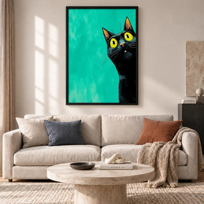 Curious Black Cat on Turquoise Wall Art 2