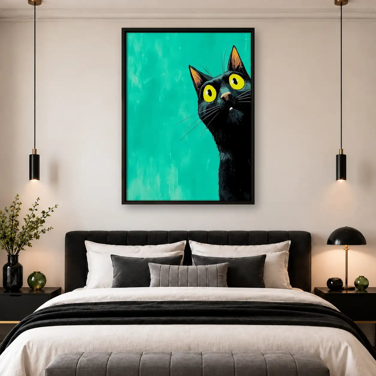 Curious Black Cat on Turquoise Wall Art 4