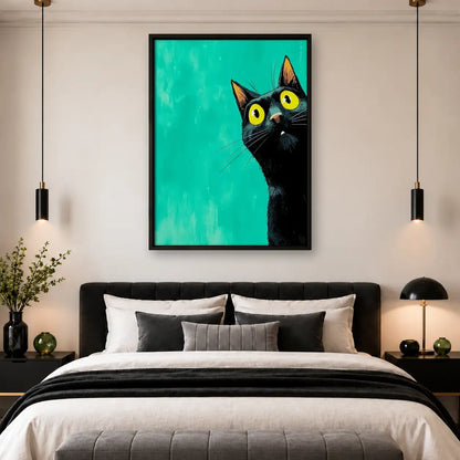 Curious Black Cat on Turquoise Wall Art 4
