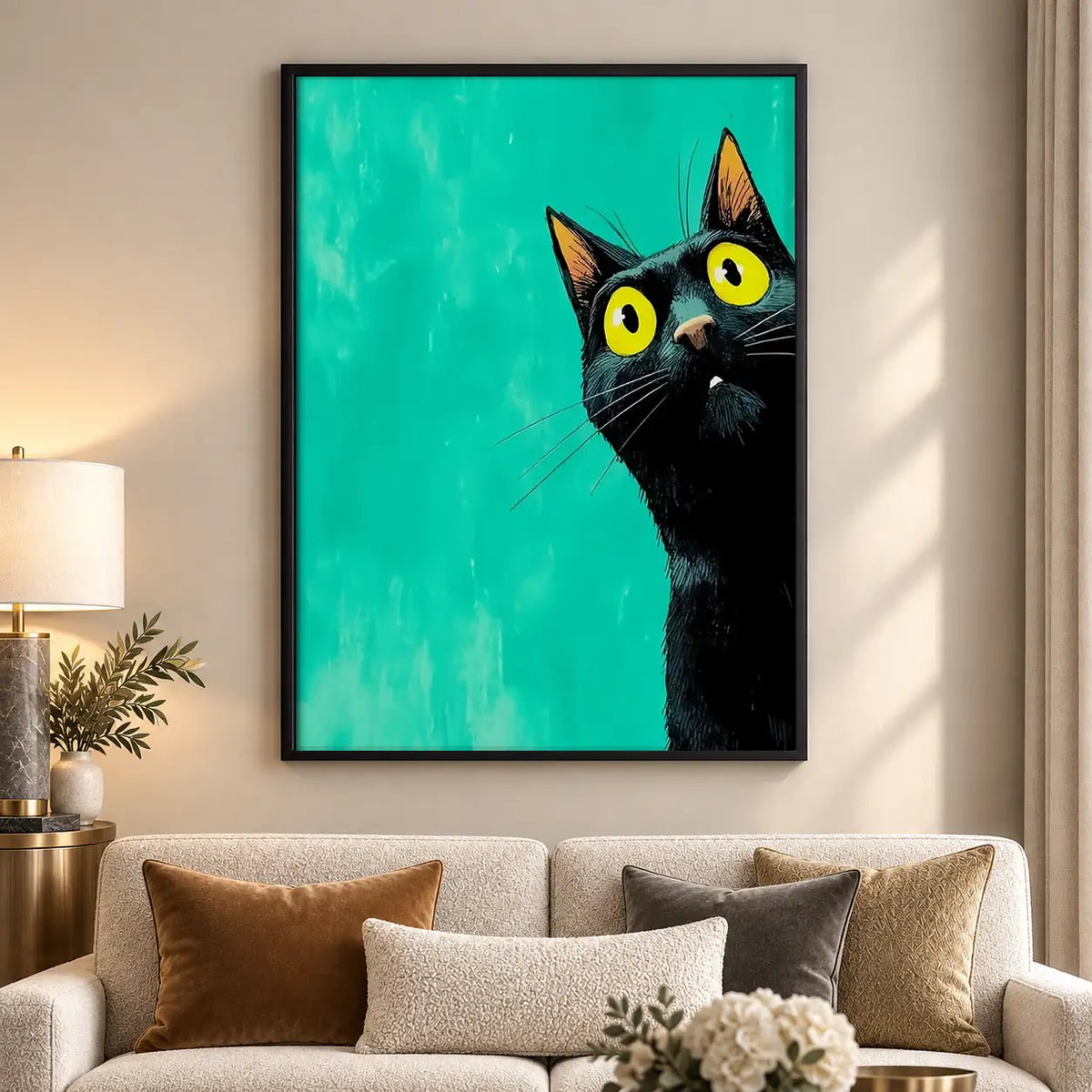 Curious Black Cat on Turquoise Wall Art 5