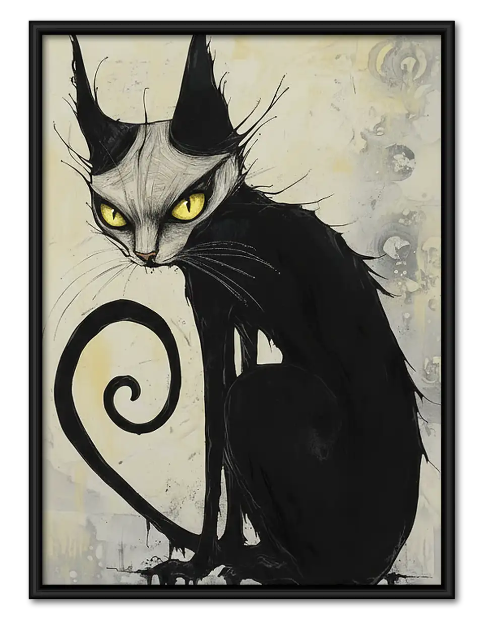 Curled Black Cat Ink Portrait Wall Art 1