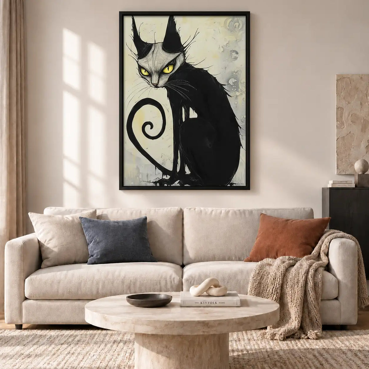 Curled Black Cat Ink Portrait Wall Art 2