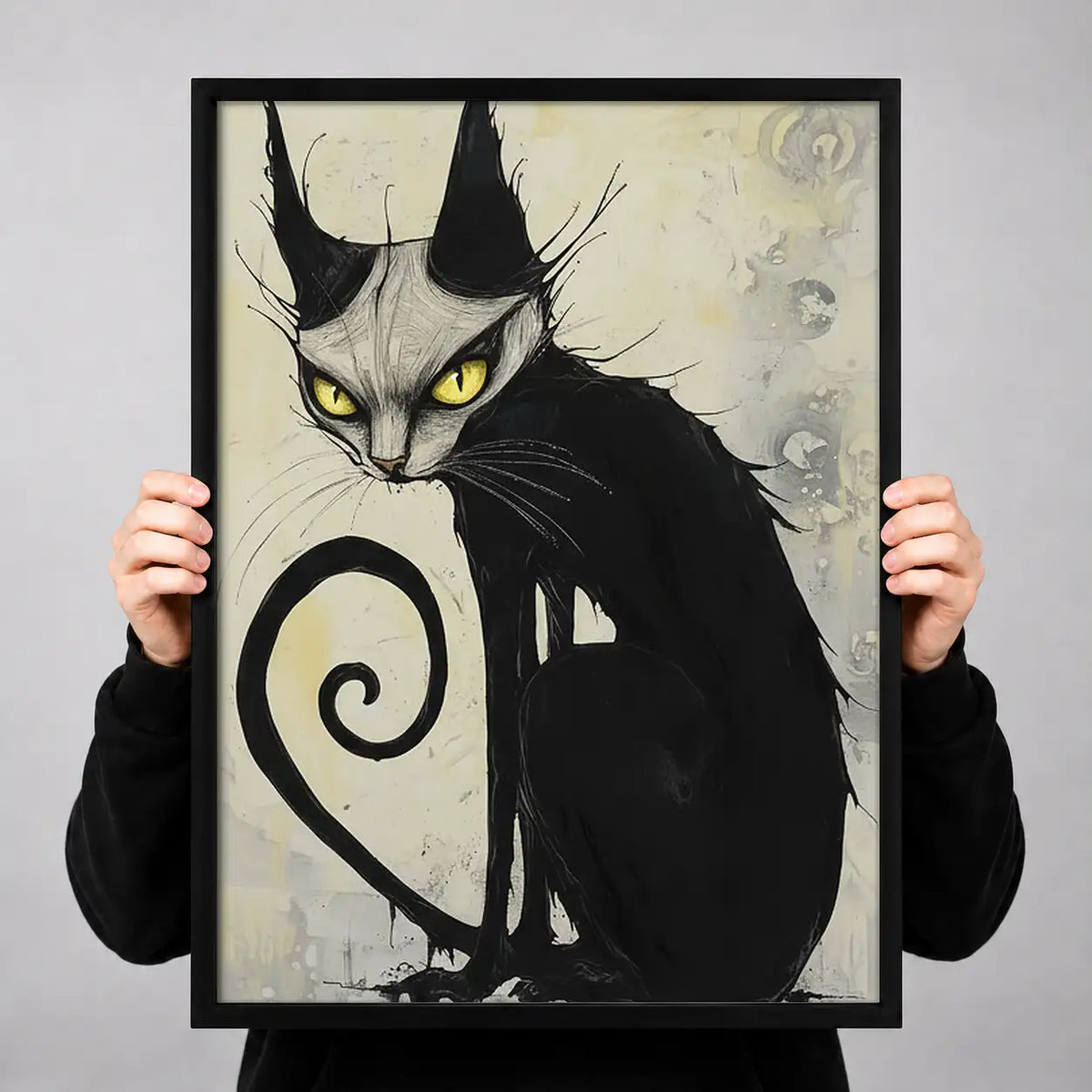 Curled Black Cat Ink Portrait Wall Art 3