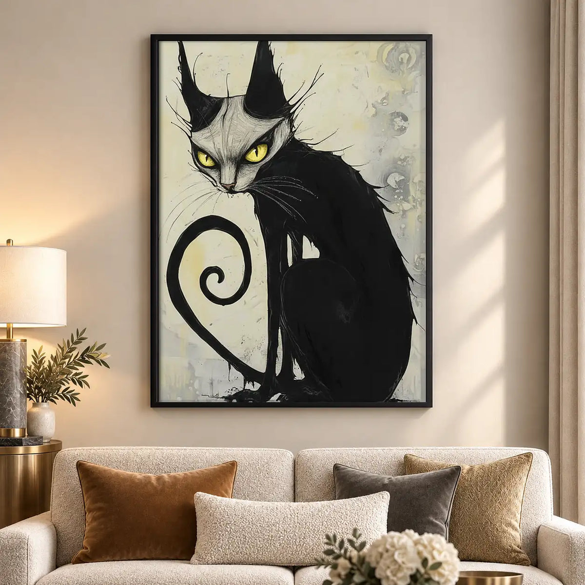 Curled Black Cat Ink Portrait Wall Art 5