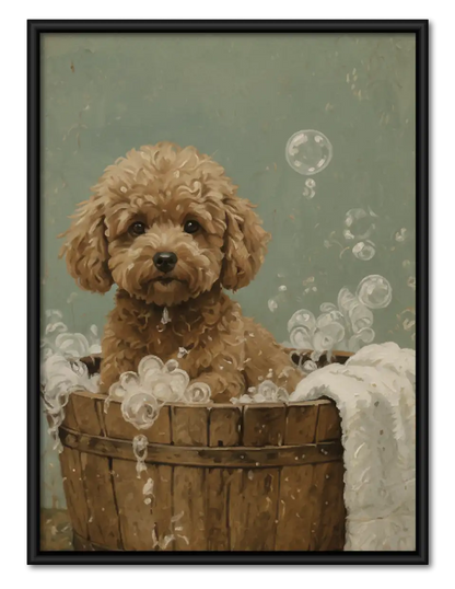Curly Dog in Wooden Bath Wall Art 1