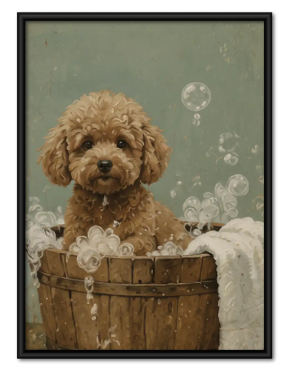 Curly Dog in Wooden Bath Wall Art