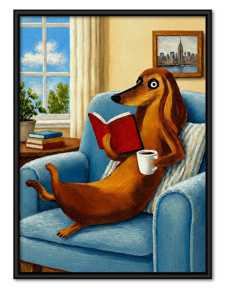 Dachshund Reading in Blue Armchair Wall Art 1
