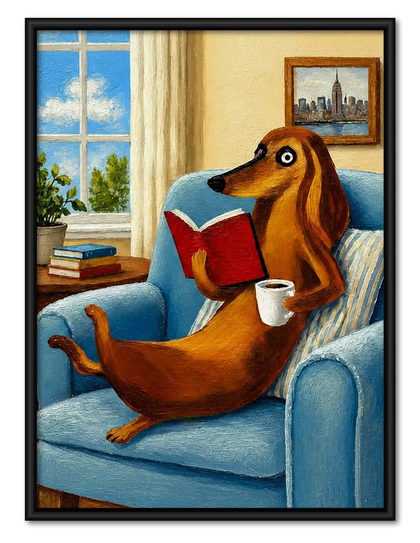 Dachshund Reading in Blue Armchair Wall Art