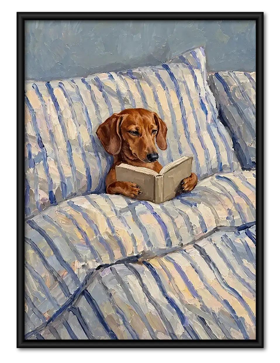 Dachshund Reading in Blue Striped Bed Wall Art 1