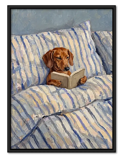 Dachshund Reading in Blue Striped Bed Wall Art 1