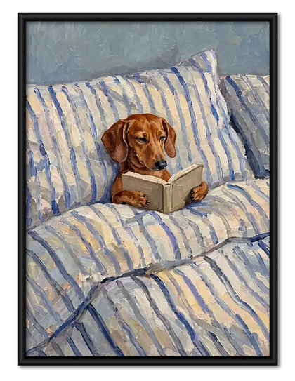 Dachshund Reading in Blue Striped Bed Wall Art