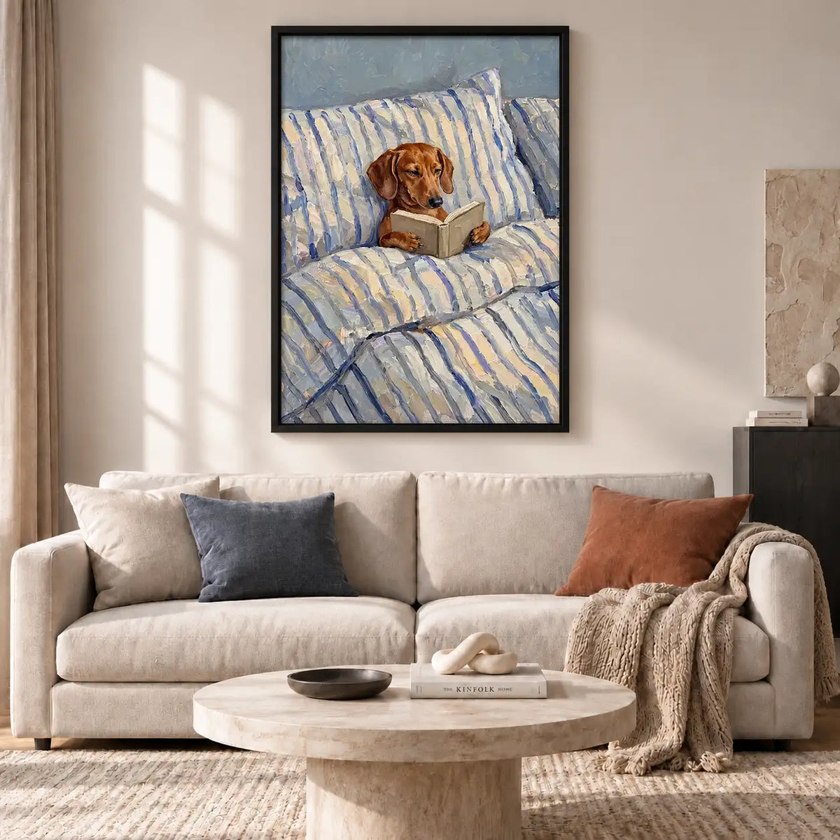 Dachshund Reading in Blue Striped Bed Wall Art 2