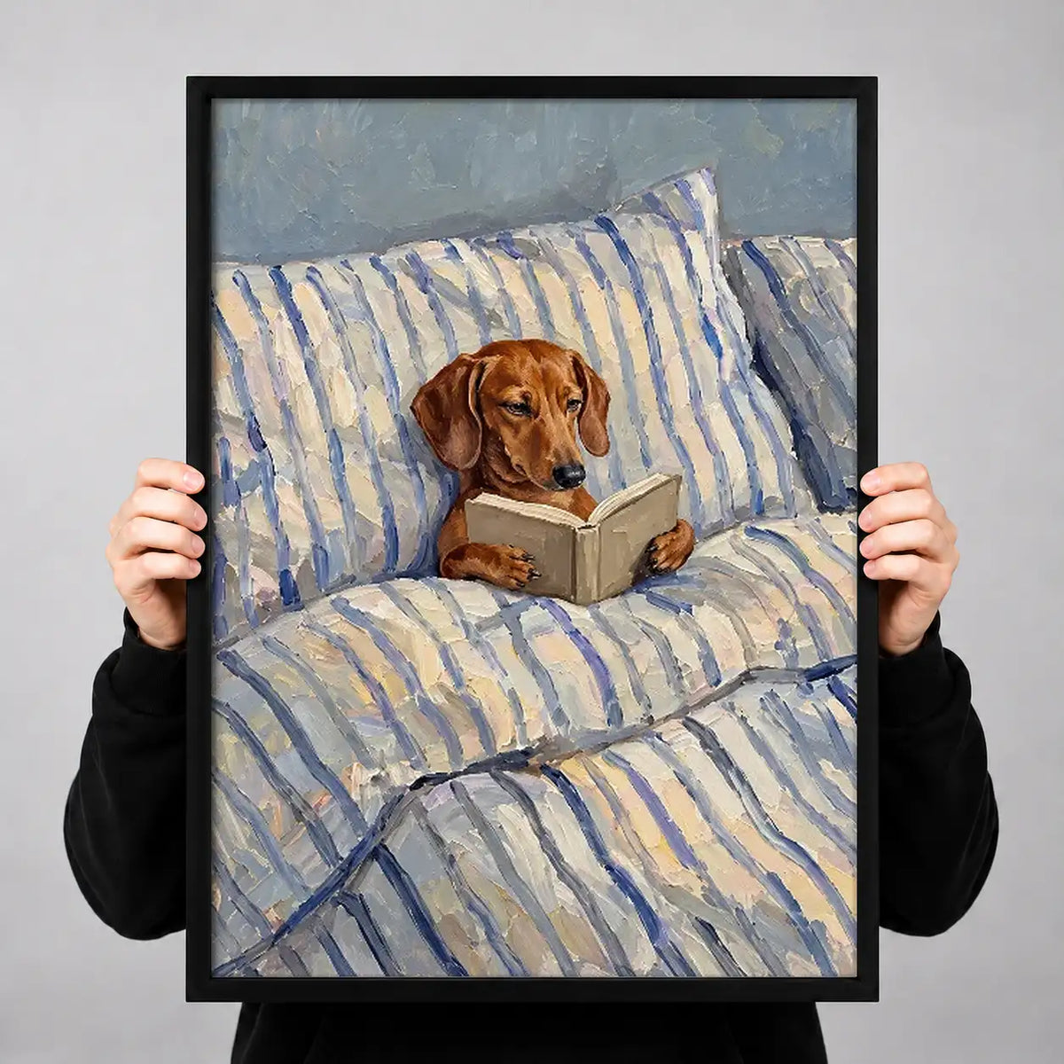 Dachshund Reading in Blue Striped Bed Wall Art 3