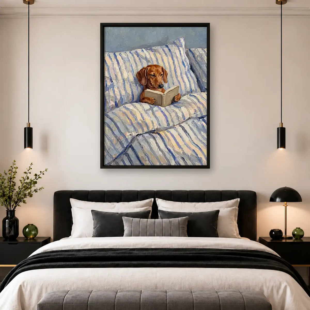 Dachshund Reading in Blue Striped Bed Wall Art 4