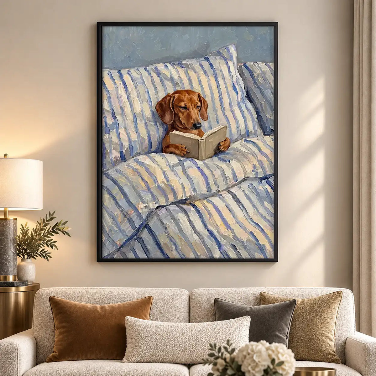 Dachshund Reading in Blue Striped Bed Wall Art 5
