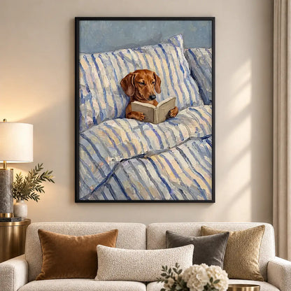 Dachshund Reading in Blue Striped Bed Wall Art 5