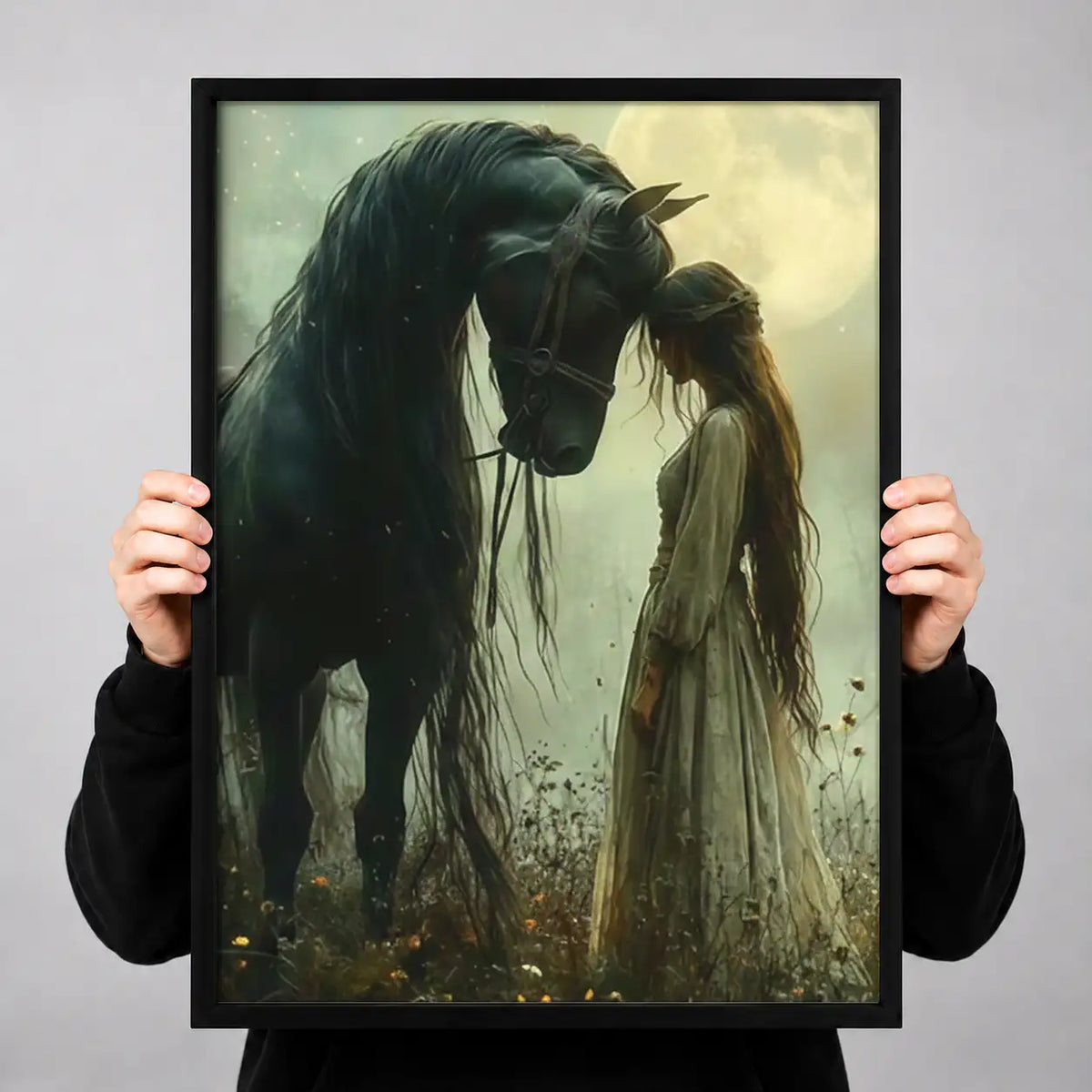 Dark Horse with Woman in Moonlight Wall Art 3