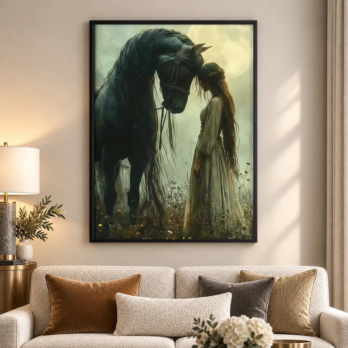 Dark Horse with Woman in Moonlight Wall Art 5