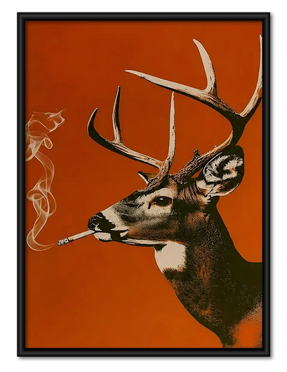 Deer Smoking Against Red Background Wall Art 1