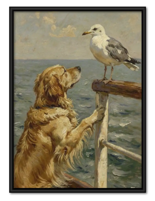 Dog and Seagull by the Sea Wall Art