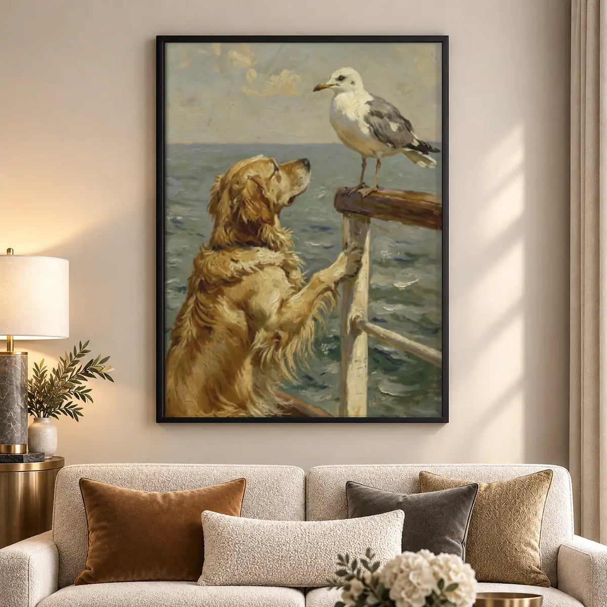 Dog and Seagull by the Sea Wall Art 5