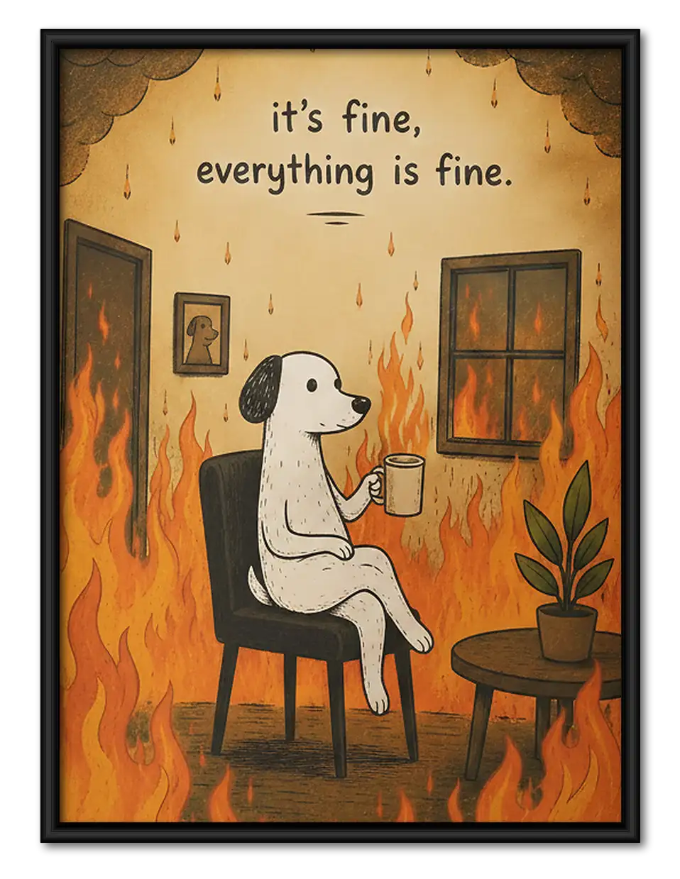 Dog Drinking Coffee in Burning Room Wall Art 1