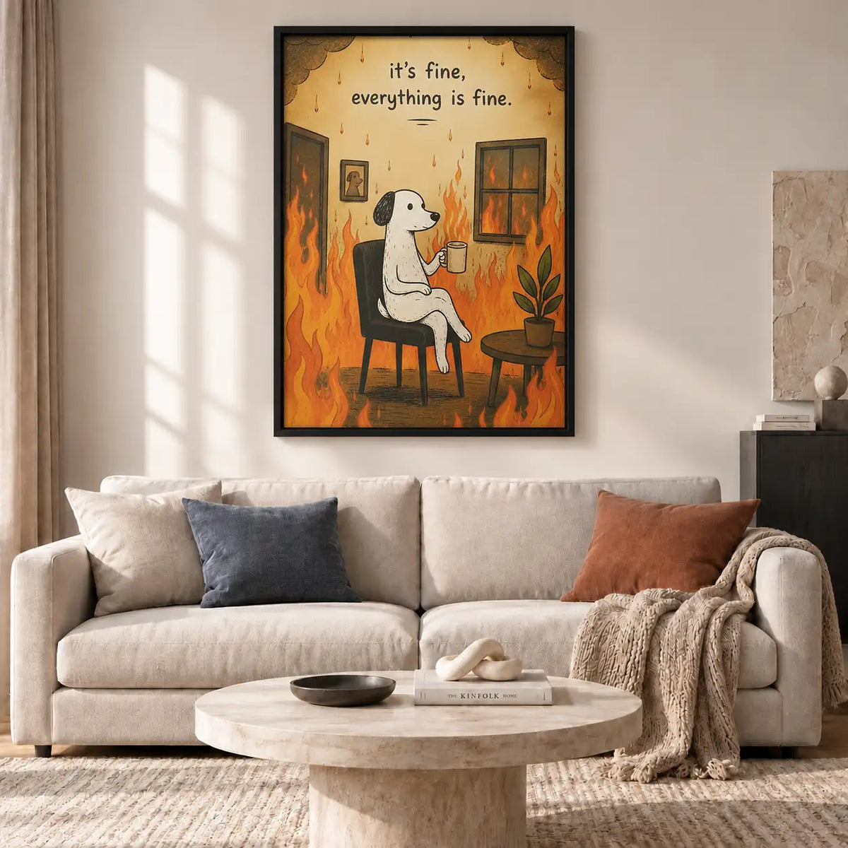 Dog Drinking Coffee in Burning Room Wall Art 2