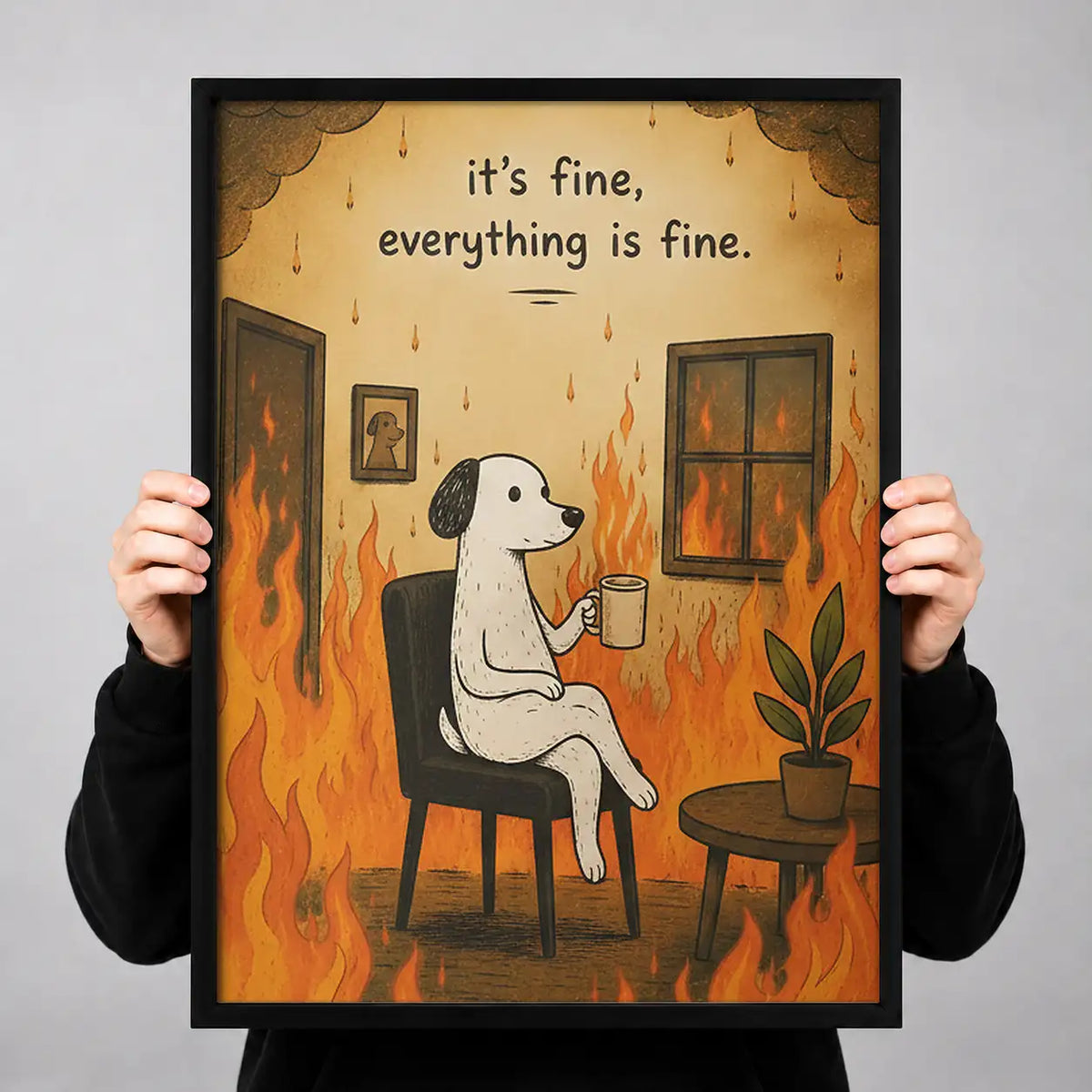 Dog Drinking Coffee in Burning Room Wall Art 3