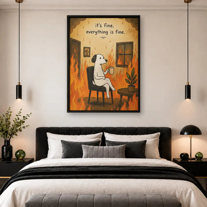 Dog Drinking Coffee in Burning Room Wall Art 4