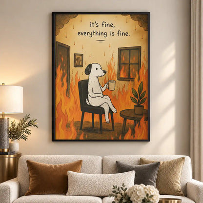Dog Drinking Coffee in Burning Room Wall Art 5