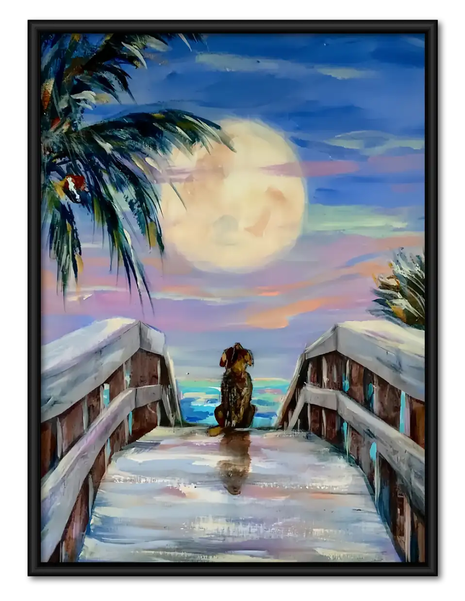 Dog on Moonlit Ocean Pier Wall Art 1