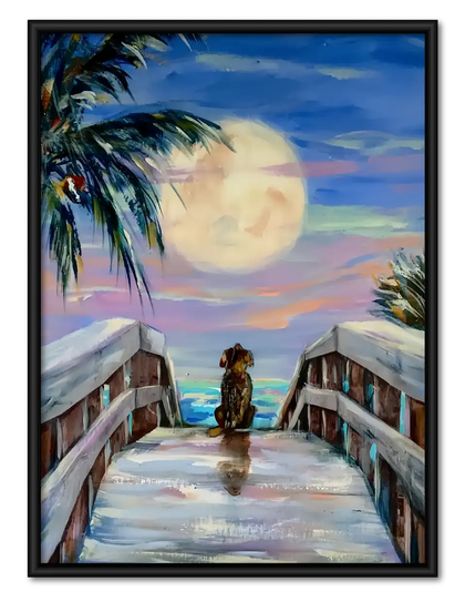 Dog on Moonlit Ocean Pier Wall Art