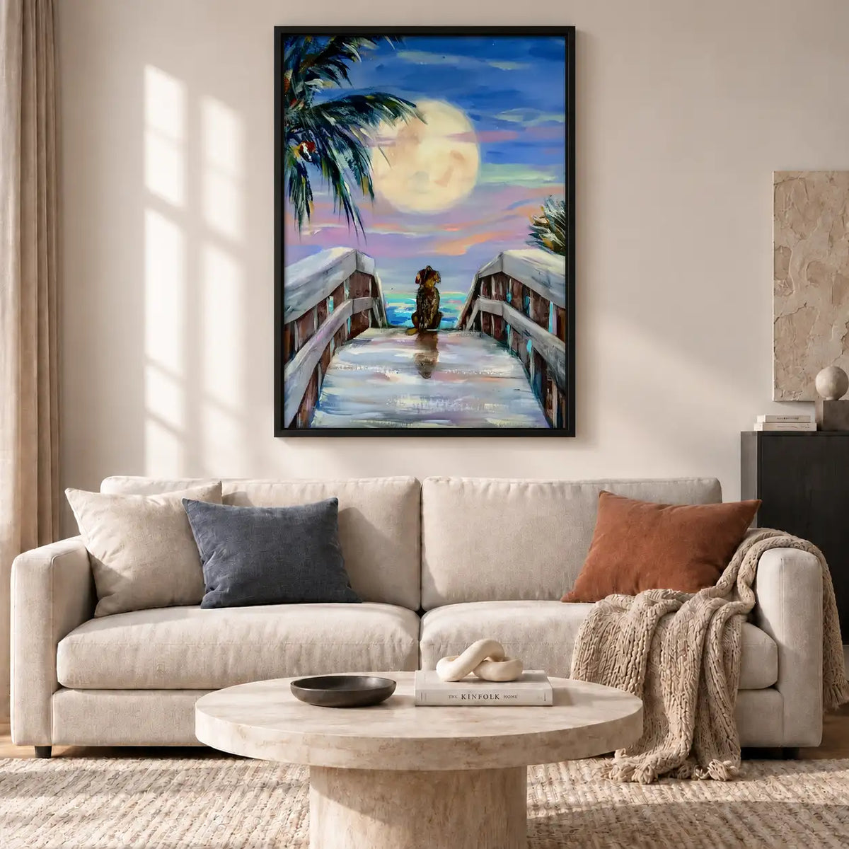 Dog on Moonlit Ocean Pier Wall Art 2