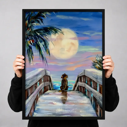 Dog on Moonlit Ocean Pier Wall Art 3