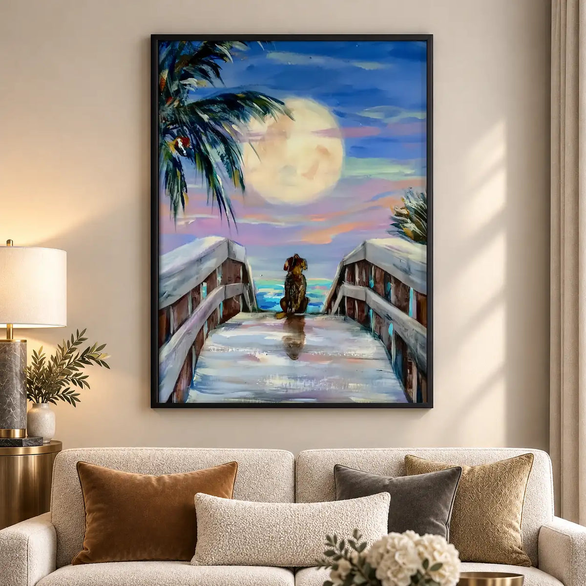 Dog on Moonlit Ocean Pier Wall Art 5