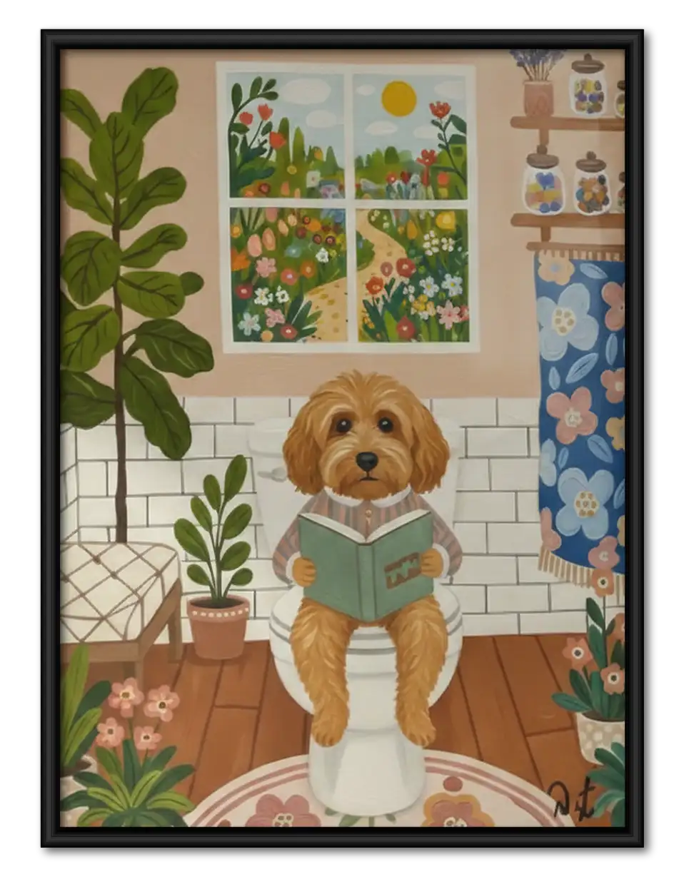 Dog Reading in Plant-Filled Room Wall Art 1