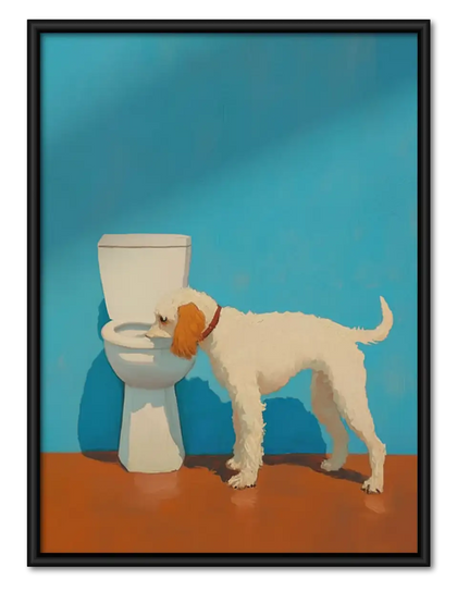 Dog Using Blue Toilet Wall Art