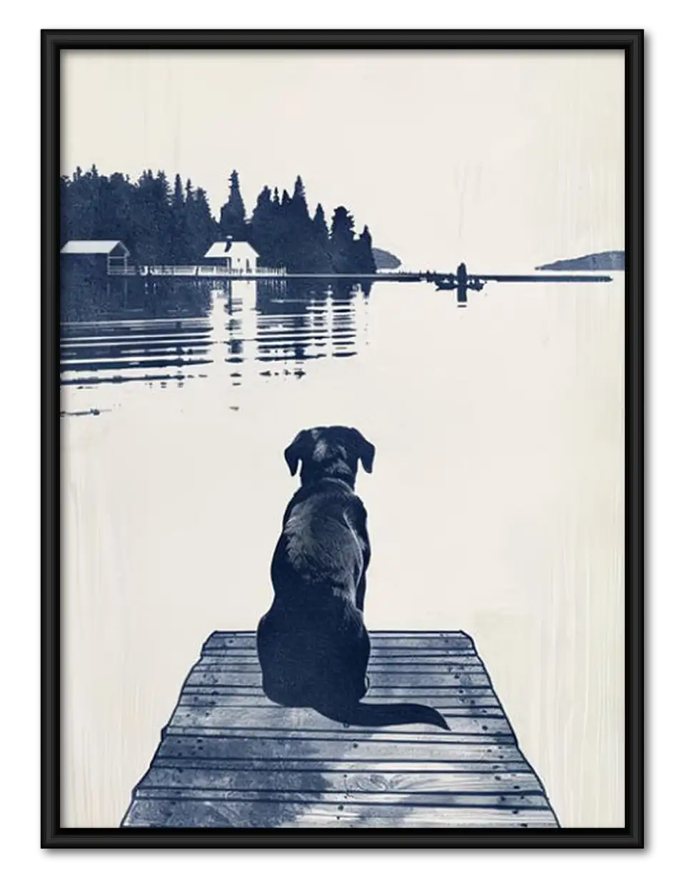 Dog Waiting on Lakeside Dock Wall Art 1