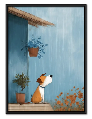 Dog Watching Rain Beside Flowerpot Wall Art