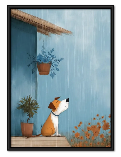 Dog Watching Rain Beside Flowerpot Wall Art