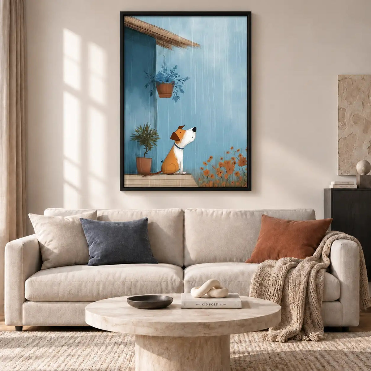 Dog Watching Rain Beside Flowerpot Wall Art 2