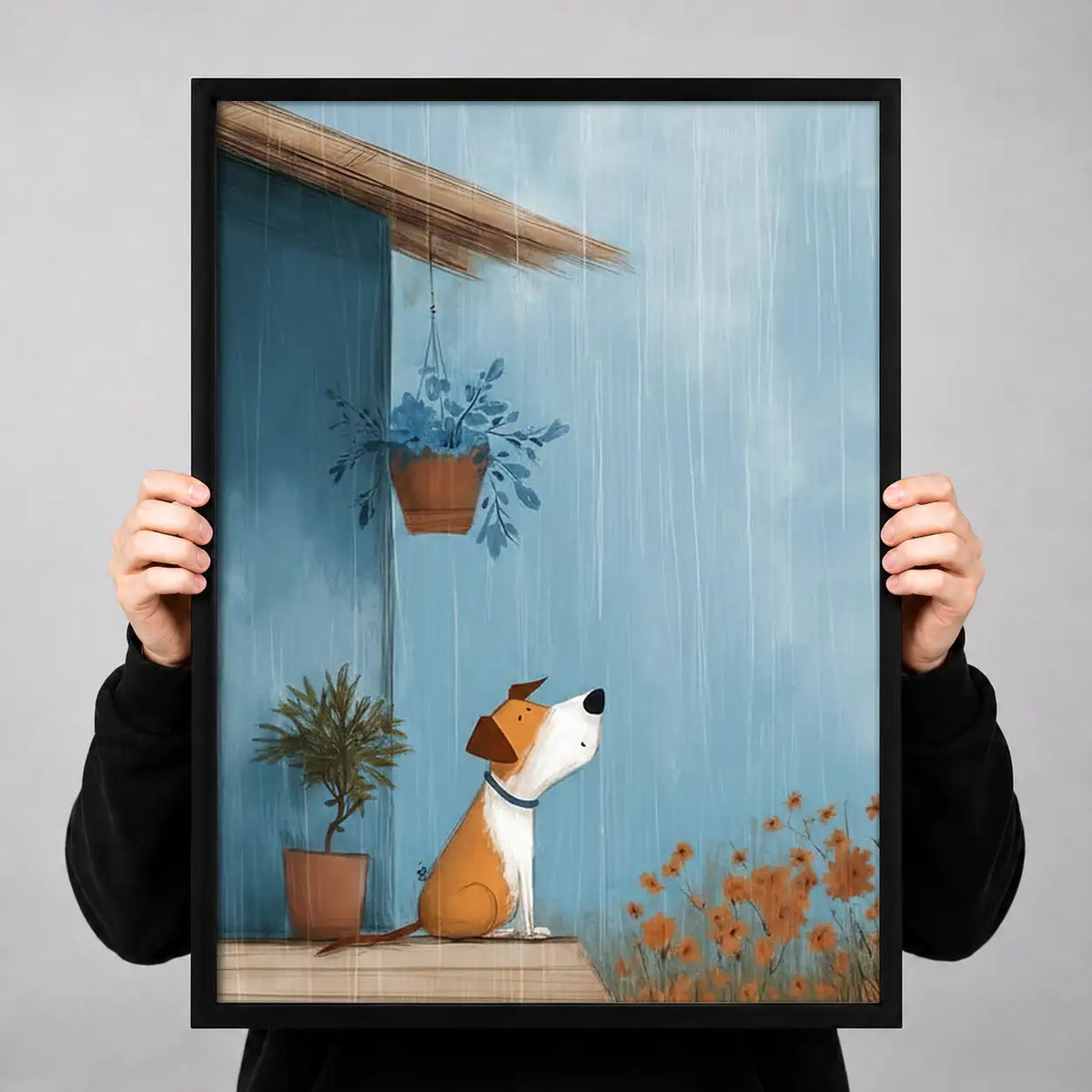 Dog Watching Rain Beside Flowerpot Wall Art 3