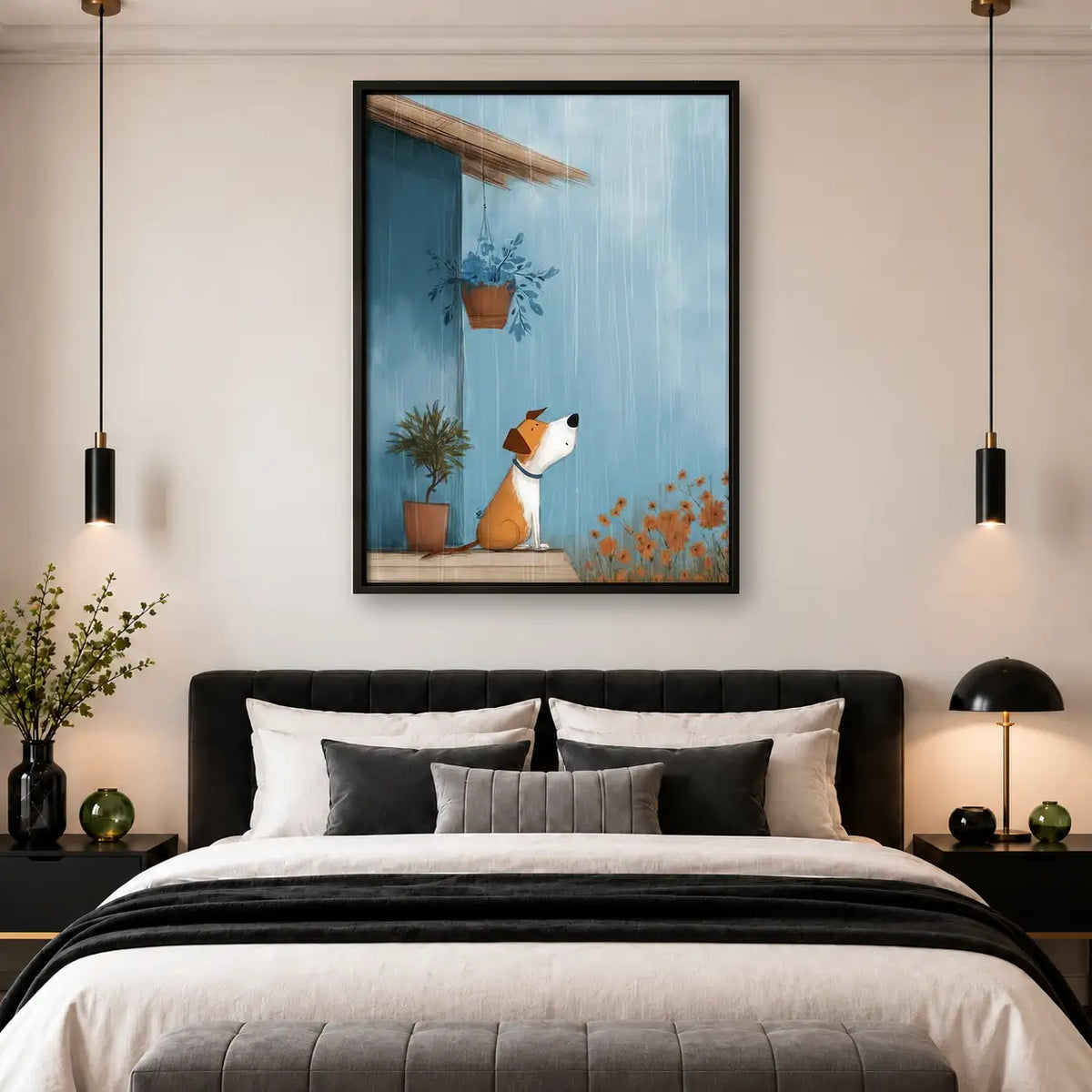 Dog Watching Rain Beside Flowerpot Wall Art 4
