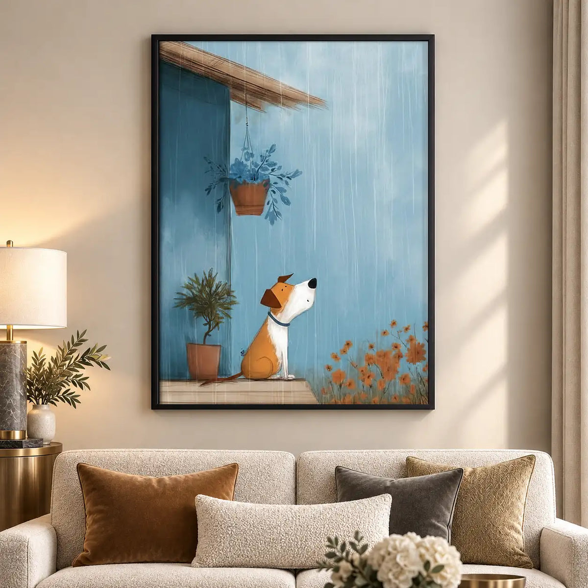 Dog Watching Rain Beside Flowerpot Wall Art 5