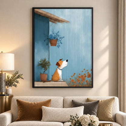 Dog Watching Rain Beside Flowerpot Wall Art 5