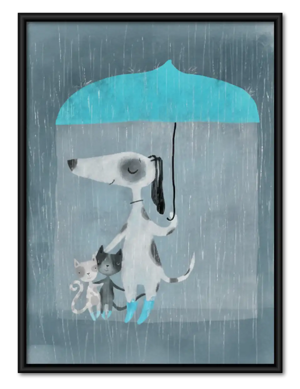 Dogs Walking beneath Blue Umbrella Wall Art